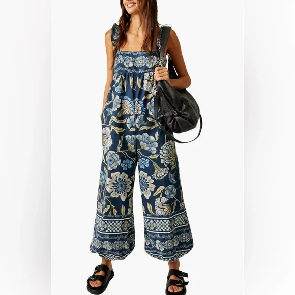 Free People Bali Albright Cotton Floral Jumpsuit With Pockets Blue Combo - Picture 6 of 6